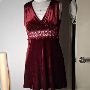 Burgundy Velvet Dress with Lace Cutout Waist